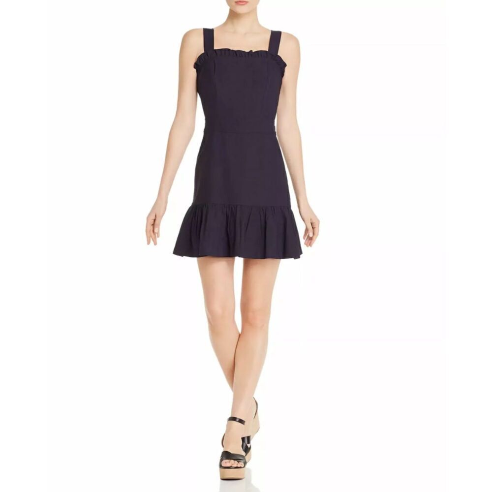 Aqua Navy Blue Sleeveless Square Neck Ruffle Corset Jumper Mini Dress, M
